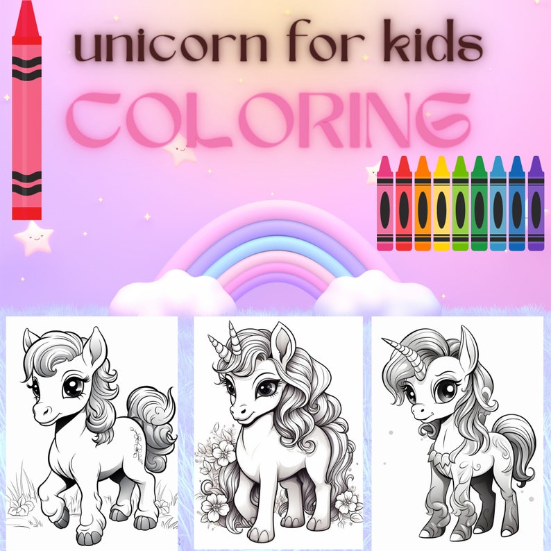 Puede incluir: Portada de libro para colorear para ni&ntilde;os con el texto "unicorn for kids COLORING". La imagen presenta un cray&oacute;n rosa, un arco&iacute;ris y tres ilustraciones de unicornios. Tambi&eacute;n se muestra un juego de crayones de colores.