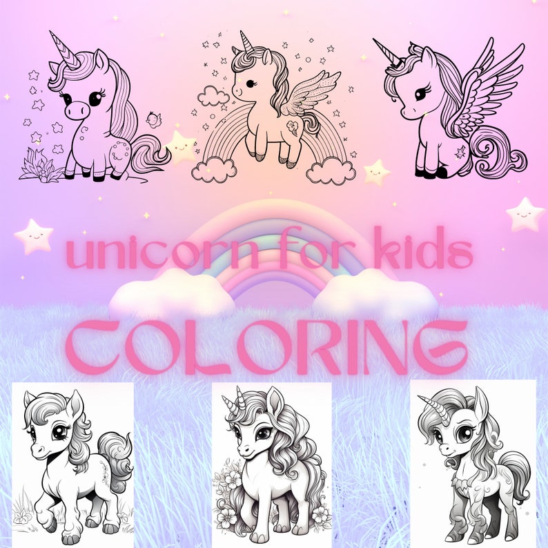 Puede incluir: Varias p&aacute;ginas para colorear de unicornios para ni&ntilde;os. La imagen presenta varias ilustraciones de unicornios en blanco y negro, algunas con alas y arco&iacute;ris. El texto "unicorn for kids COLORING" se muestra en rosa.