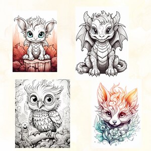 May include: Four black and white line drawings of mythical creatures. The first is a small, furry creature with large eyes and pointed ears. The second is a small dragon with wings and a long tail. The third is an owl with large eyes and a beak. The fourth is a fox with a bushy tail and pointed ears.
