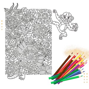May include: A black and white coloring page featuring a monkey holding a banana and a detailed jungle scene with flowers and leaves. A set of colored pencils are included.