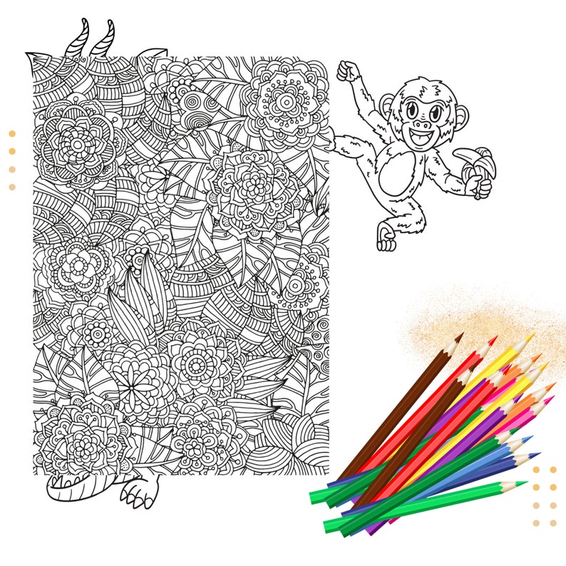 May include: A black and white coloring page featuring a monkey holding a banana and a detailed jungle scene with flowers and leaves. A set of colored pencils are included.