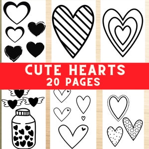 Può includere: Una collezione di illustrazioni di cuori in bianco e nero su sfondi bianchi. L'immagine include vari disegni di cuori, come motivi pieni, contornati, a righe e a pois. Il testo "CUTE HEARTS 20 PAGES" è visualizzato su uno striscione rosso.