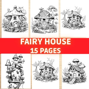 May include: A set of 15 black and white printable colouring pages featuring whimsical fairy houses. Each page depicts a unique fairy house design with intricate details, perfect for adults and children who enjoy colouring.