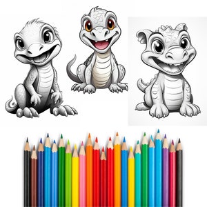Puede incluir: Una p&aacute;gina para colorear con tres lagartos de dibujos animados. Los lagartos est&aacute;n en varias poses y tienen ojos grandes y sonrisas de dientes. Un juego de l&aacute;pices de colores se incluye debajo de los lagartos.