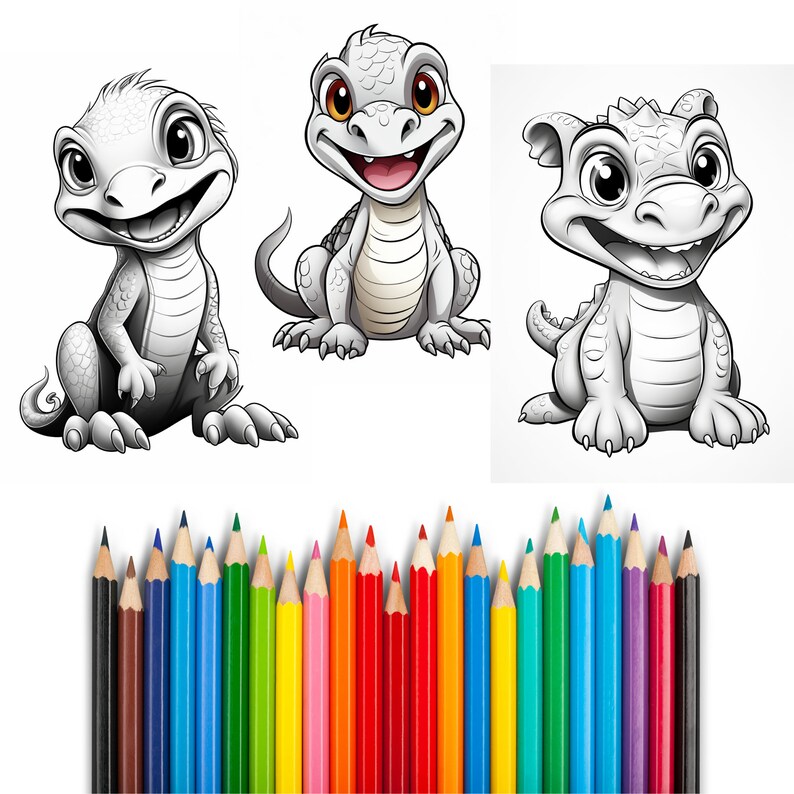 Puede incluir: Una p&aacute;gina para colorear con tres lagartos de dibujos animados. Los lagartos est&aacute;n en varias poses y tienen ojos grandes y sonrisas de dientes. Un juego de l&aacute;pices de colores se incluye debajo de los lagartos.