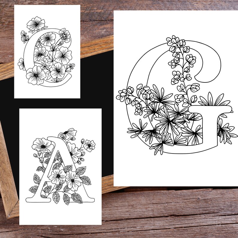 May include: Three printable coloring pages featuring the letters A, C, and G decorated with floral designs. Each letter is surrounded by flowers and leaves.