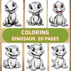 Puede incluir: Un libro para colorear con 20 p&aacute;ginas de ilustraciones de dinosaurios adorables. La portada muestra una imagen en blanco y negro de un dinosaurio con ojos grandes y una sonrisa p&iacute;cara.