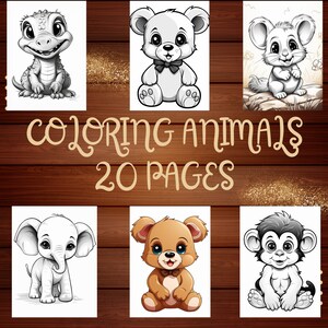 May include: A coloring book with 20 pages featuring black and white illustrations of cute animals, including a crocodile, bear, mouse, elephant, bear, and monkey. The title of the book is "Coloring Animals 20 Pages".