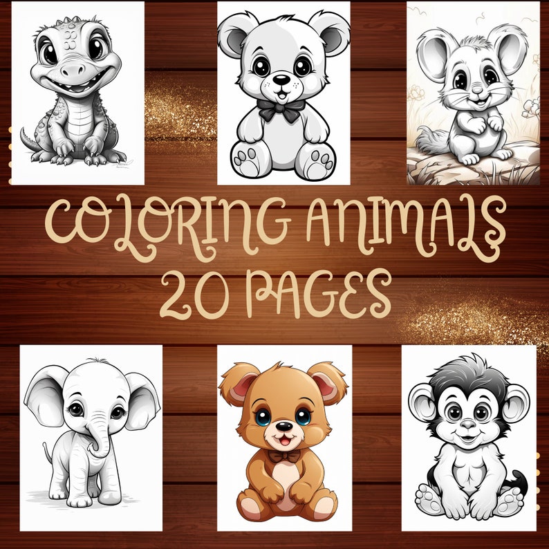 May include: A coloring book with 20 pages featuring black and white illustrations of cute animals, including a crocodile, bear, mouse, elephant, bear, and monkey. The title of the book is "Coloring Animals 20 Pages".
