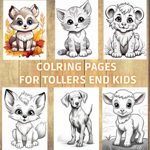 May include: Six black and white coloring pages featuring cute animal illustrations. The animals include a wolf, cat, lion, fox, dog, and lamb. The text "Coloring Pages for Toddlers and Kids" is at the top of the image.