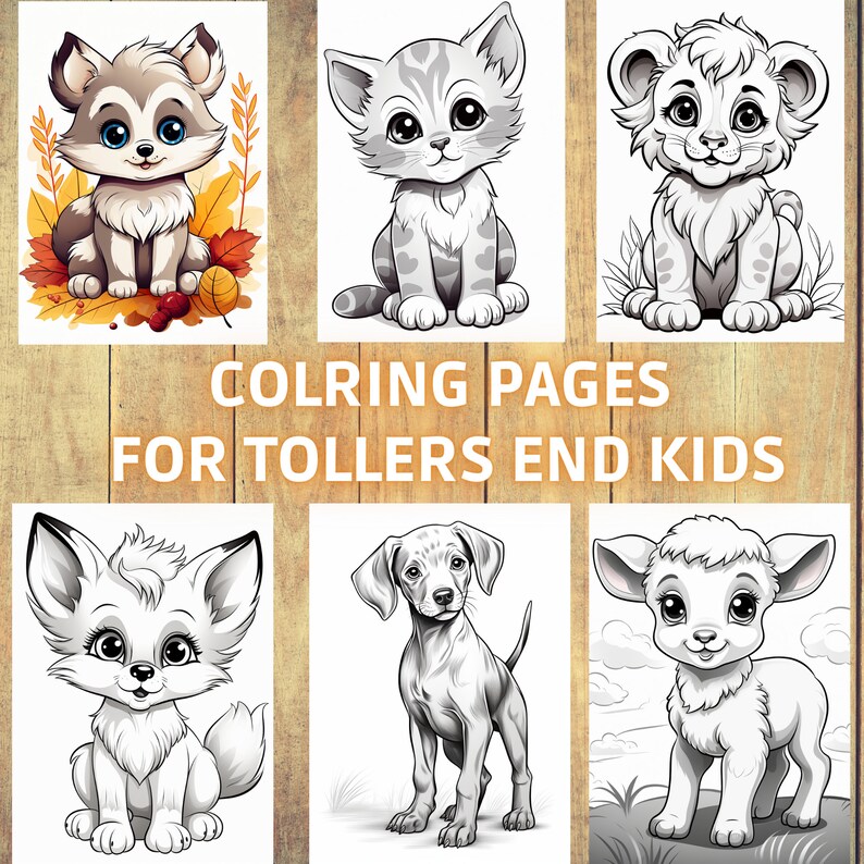 May include: Six black and white coloring pages featuring cute animal illustrations. The animals include a wolf, cat, lion, fox, dog, and lamb. The text "Coloring Pages for Toddlers and Kids" is at the top of the image.