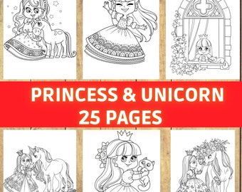 Princess Coloring Pages, Magic unicorn, funny activity, fantastic drawing, printable princess coloring, party birthday, relax activity