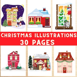 Christmas house illustrations, cute drawings, clip art, winter homes, colorful design
