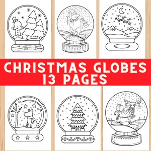 Puede incluir: Páginas para colorear en blanco y negro con bolas de nieve navideñas con diferentes escenas festivas. Las escenas incluyen un hombre de jengibre, un oso polar, renos volando, un árbol de Navidad y un reno con regalos. El texto "CHRISTMAS GLOBES 13 PAGES" está en la parte superior de la imagen.