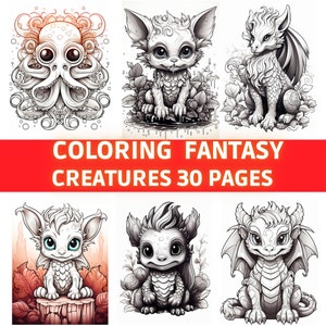 Coloring fantasy creatures, coloring fantasy pages, coloring book, party birthday, fantastic coloring pages, printable coloring design