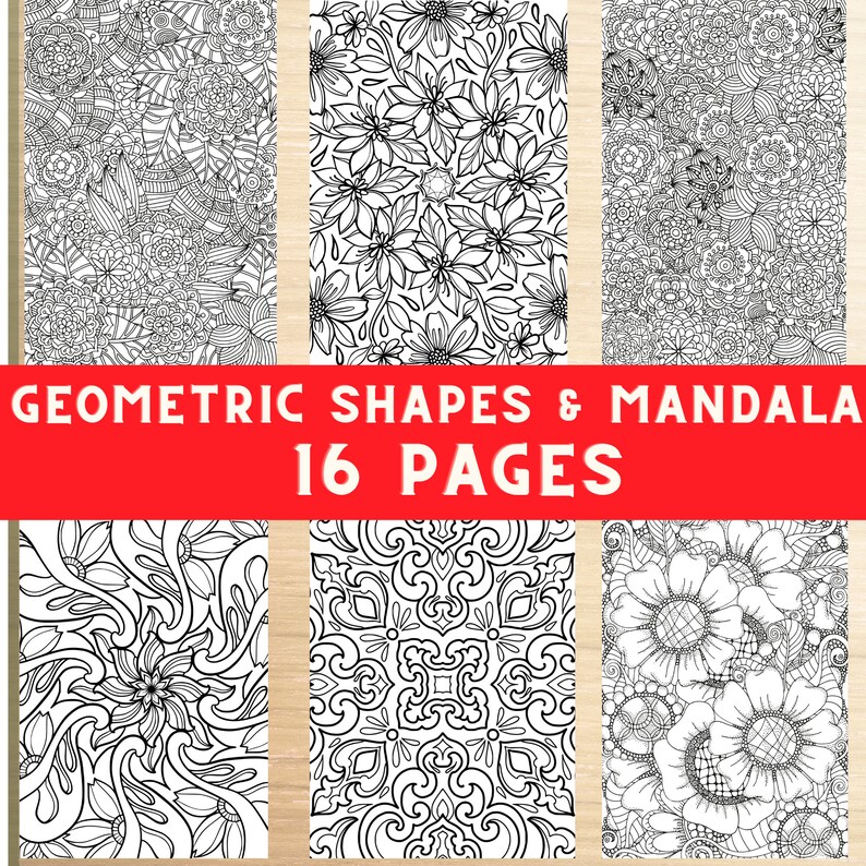 May include: A set of 16 printable coloring pages featuring geometric shapes and mandalas. The pages are black and white and feature intricate designs.