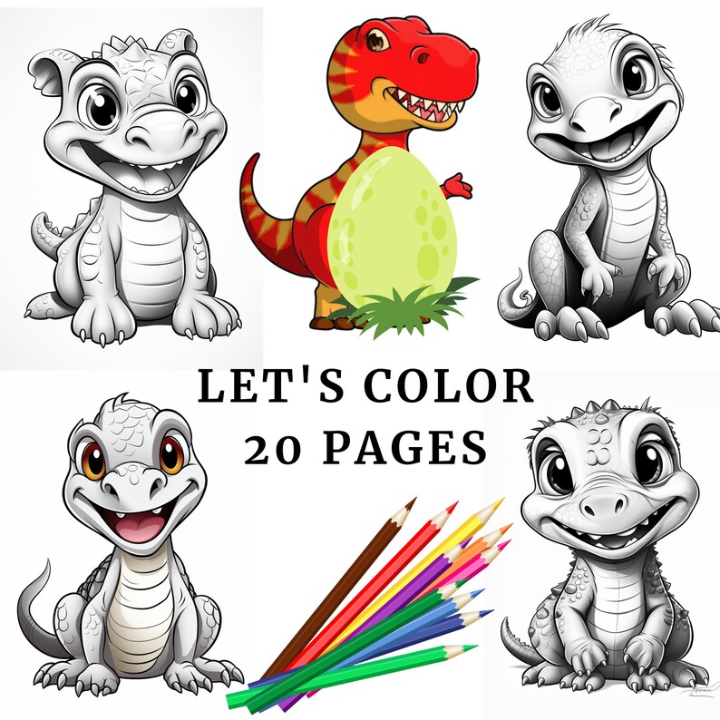 Puede incluir: Un libro para colorear con 20 p&aacute;ginas que presenta ilustraciones en blanco y negro de lindos dinosaurios de dibujos animados. La portada muestra un dinosaurio rojo sosteniendo un huevo verde y un drag&oacute;n con una gran sonrisa. El texto "LET'S COLOR 20 PAGES" est&aacute; impreso en negro.