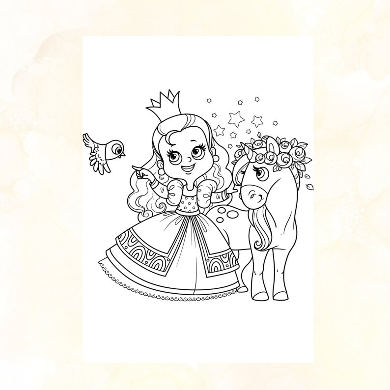 May include: A black and white line drawing of a princess with a crown and a unicorn. The princess is wearing a long dress with a floral pattern and is pointing to a small bird. The unicorn has a flower crown and a horn.