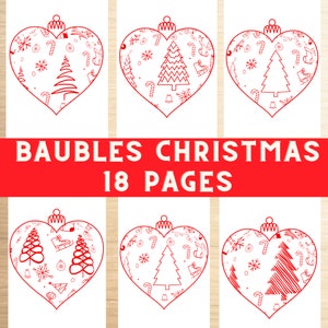 Bauble coloring pages, heart, Printable Christmas coloring book, , tree, Xmas decoration coloring pages, holiday, kids,