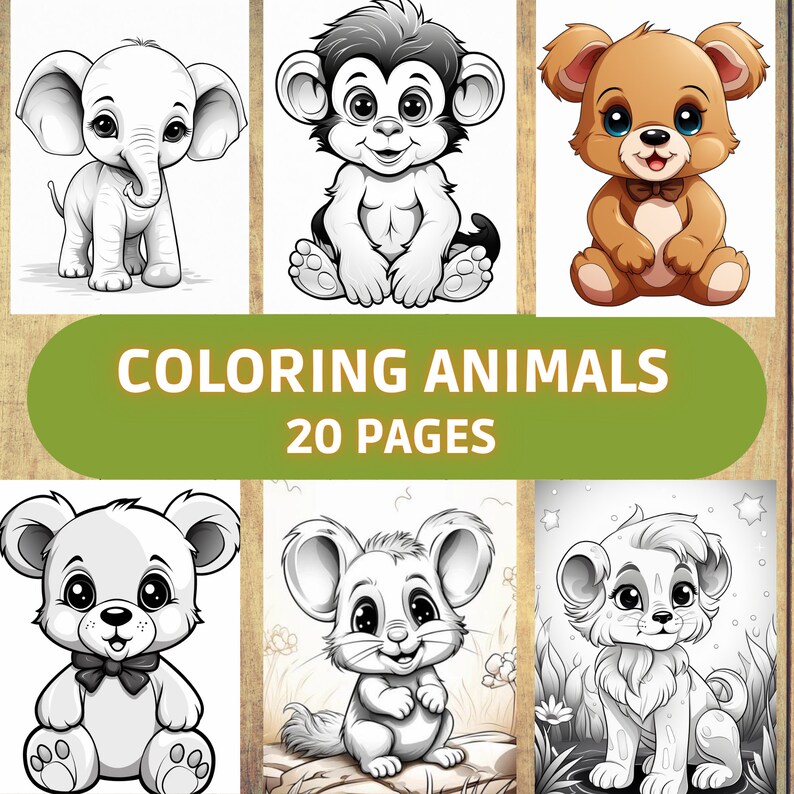 May include: A coloring book with 20 pages featuring black and white illustrations of animals, including an elephant, monkey, bear, teddy bear, hamster, and lion. The title of the book is "Coloring Animals 20 Pages".