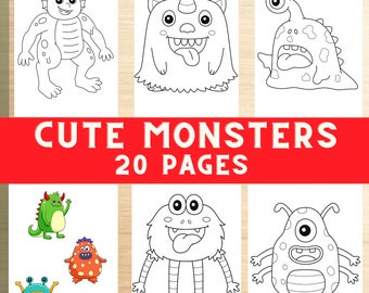 Coloring cute monsters, kids printable design, monsters coloring book, childrens activity, fantasy image coloring, fun horror design