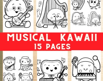 Coloring, musical, kawaii, pages, kids, funny, book, childrens, instruments, easy, simple, design
