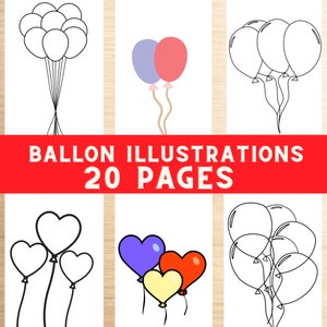 Balloon illustrations coloring book, balloon pages to color, digital balloon prints, heart, party, birthday