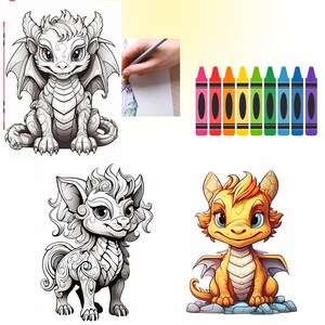 May include: A colouring page featuring three cute cartoon dragons. The first dragon is a winged dragon with a curled tail. The second dragon has a curly mane and a long tail. The third dragon is coloured in with orange and yellow hues. The dragons are all sitting on their hind legs with their wings spread out.