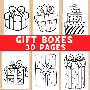 Può includere: Disegni a tratto in bianco e nero di scatole regalo con fiocchi e nastri. L'immagine include il testo "GIFT BOXES 30 PAGES" in lettere bianche su sfondo rosso. Le scatole regalo hanno vari motivi e disegni.