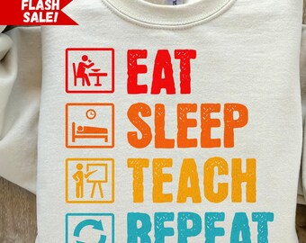 Camiseta Eat Sleep Teach Repeat, linda camiseta para maestros, camiseta para el regreso a la escuela, regalo de agradecimiento para maestros, camiseta retro para maestros, regalo para maestros