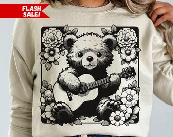 Bear Playing Guitar Shirt, Floral Bear Sweatshirt, Funny Animal Shirt, Music Shirt, Bear Lovers Gift For, Guitar Player Gift For Guitarist