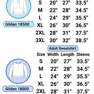 May include: Size chart for adult hoodies and sweatshirts. The chart shows the width, length, and sleeve length in inches for sizes S, M, L, XL, 2XL, and 3XL. The chart also includes the brand name Gildan and the model numbers 18500 and 18000. The text "ALL ARE UNISEX SIZING" is at the bottom of the chart.