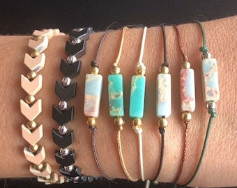 Cord Bracelets with hand cut Quartz stones OR with handmade Ceramic beads, Unisex, adjustable, minimalist design