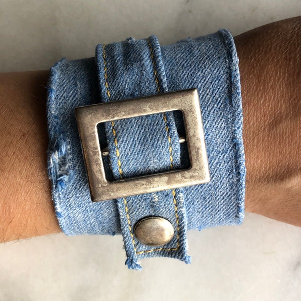 Upcycled Blue Denim bracelet, handmade, wide wrist cuff, washable, minimalist, repurposed, blue jeans, frayed cuff, metal rivet and buckle