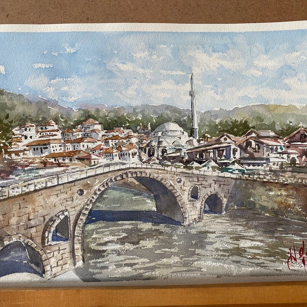 The Old Stone Bridge of Prizren Kosovo Watercolor Painting, Aquarelle, Watercolour