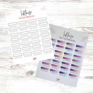 May include: Two printable watercolour colour combination charts. The first chart is for red colours and has blank spaces to fill in. The second chart is for purple colours and shows a variety of purple watercolour combinations.