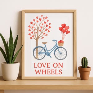 Love on Wheels Wall Art - Romantic Bicycle with Heart Balloons Print for Valentines, Anniversary, Wedding, or Whimsical Decor