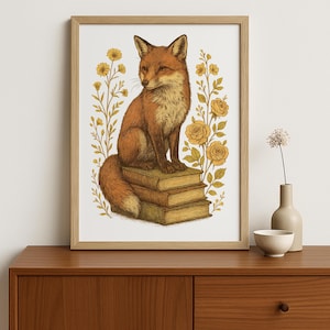 Fox Wall Art Print – Vintage Woodland Fox Illustration with Books & Flowers – Rustic Animal Decor, Cottagecore, Nursery, Library Art
