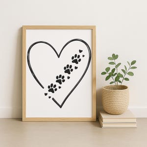 Paw Prints in Heart Wall Art – Minimalist Pet Memorial Printable – Dog Cat Lover Gift – Animal Footprints Line Art Decor