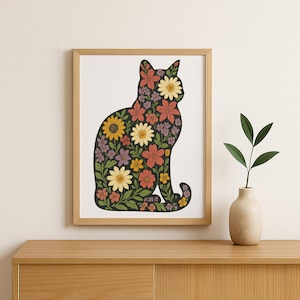 Floral Cat Silhouette Wall Art – Botanical Cat Lover Print, Vintage Cottagecore Decor, Whimsical Feline Garden Poster