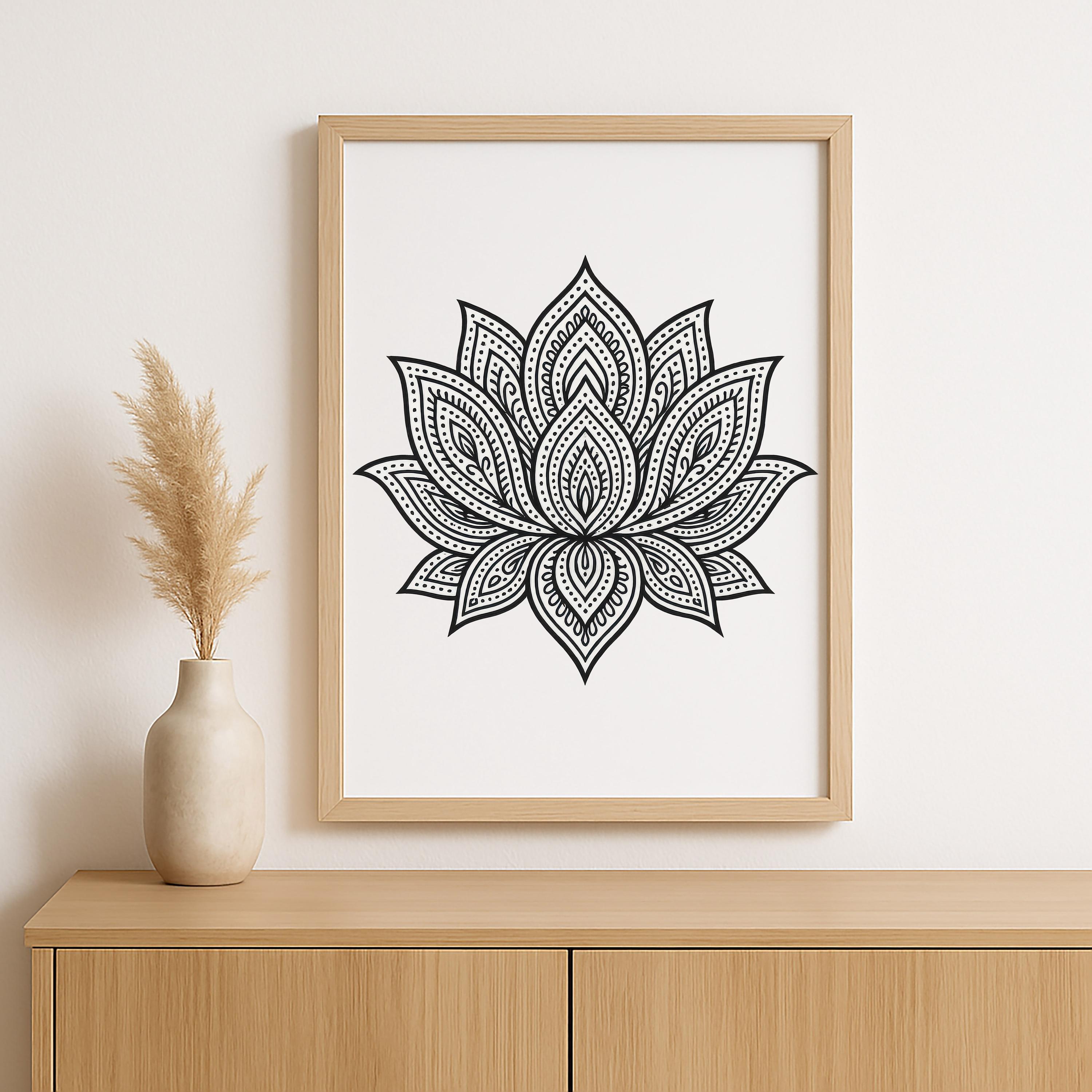Black and White Lotus Mandala Wall Art, Intricate Floral Line Drawing ...