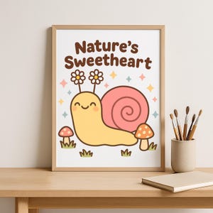 Nature’s Sweetheart Wall Art | Cute Kawaii Snail Print with Flowers and Mushrooms | Whimsical Animal Decor for Kids or Nursery
