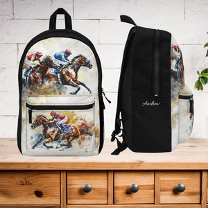 Sac à dos de course hippique personnalisé, aquarelle colorée de chevaux de course et de jockeys, cartable de rentrée pour tous les âges