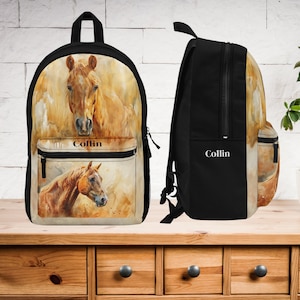 Personalized Horse Backpack, Red Sorrell Horse Backpack Bookbag, Watercolor Horse Art in Brown, Horse Lover, Girl and Boy School Gear