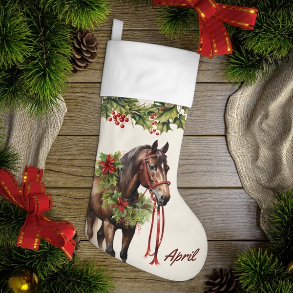 Personalized Christmas Brown Horse Stocking, USA Printed Holiday Stocking, Early Family Christmas Gift Decor, Unique Gift Idea, Horse Lover