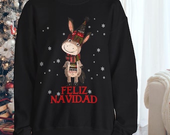 Donkey Christmas Sweatshirt Shirt, Feliz Navidad Donkey Shirt Gift, Cute Spanish Burro Pet Donkey Sweater, Donkey Lover, Mens Women