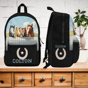 Sac à dos cheval pour garçons ou filles - prénom et fer à cheval personnalisés, cartable poney dessin animé pour garçons ou filles, joli cadeau de rentrée