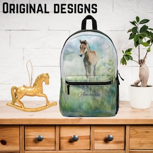 Personalized Baby Horse Backpack - Watercolor Foal in Wildflowers, Nature Bookbag for Horse Girls, School, Travel, or Farm Life