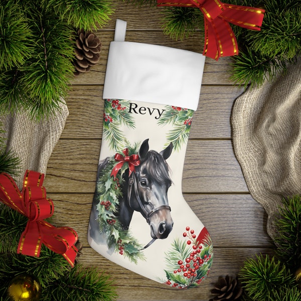 Personalized Christmas Horse Stocking, USA Printer, Black Horse Large Holiday Stocking, Early Family Christmas, Horse Lover