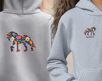 Girls Floral Horse Zipped Jacket | Cute Horse Lover Hooded Coat for Young Ladies | Birthday Gift, Back-to-School, Holiday Wear